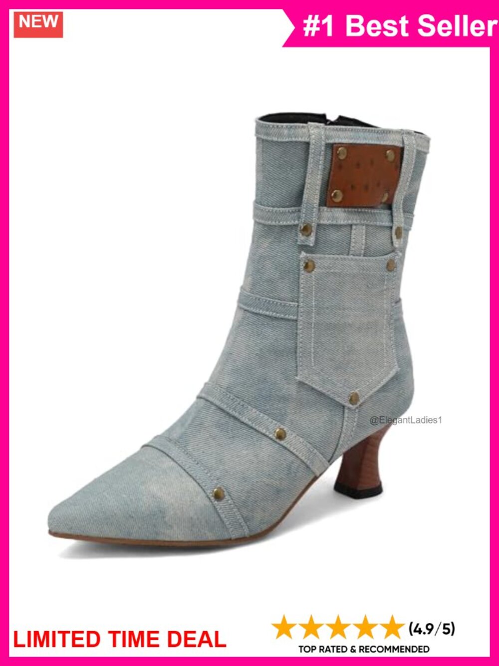 BEAUPAS Pointed Toe Kitten Heel Denim Ankle Boots Studded Vintage Booties